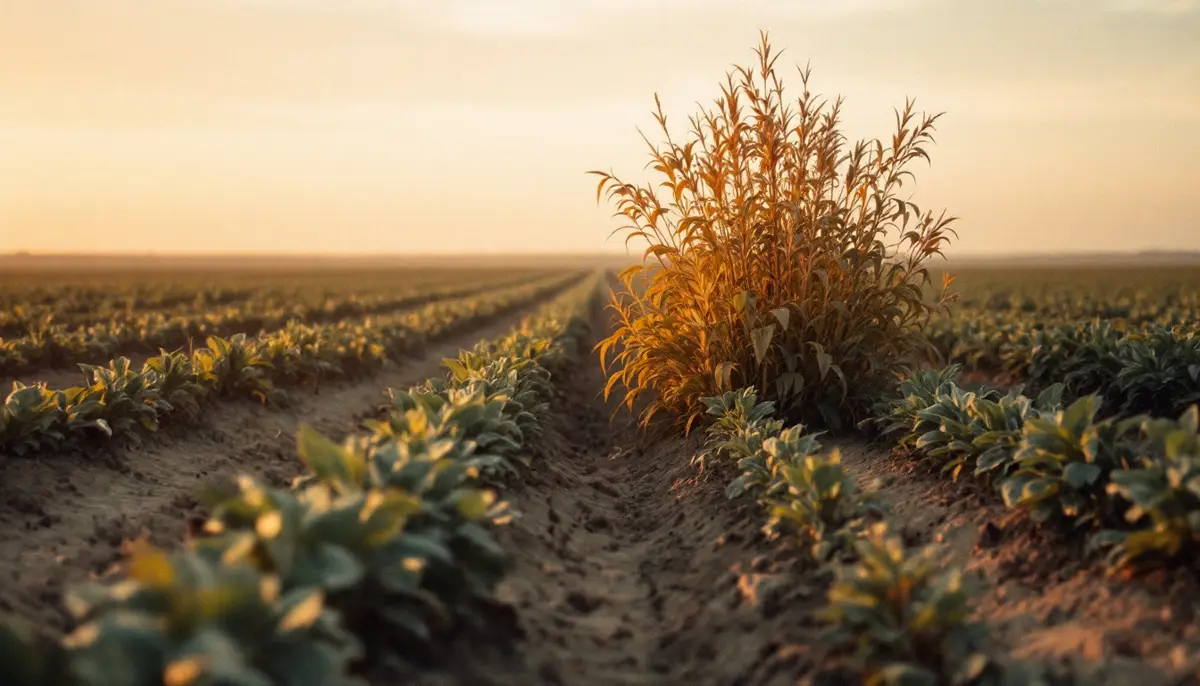 A tall clump of pigweed rising above rows of soybeans at the edge of a field in evening light, with a sprayer boom lying on the ground.