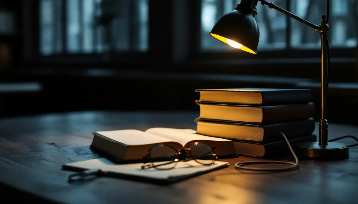 Stack of closed books, folded reading glasses and a coil of unplugged cable on a library table under a warm desk lamp.