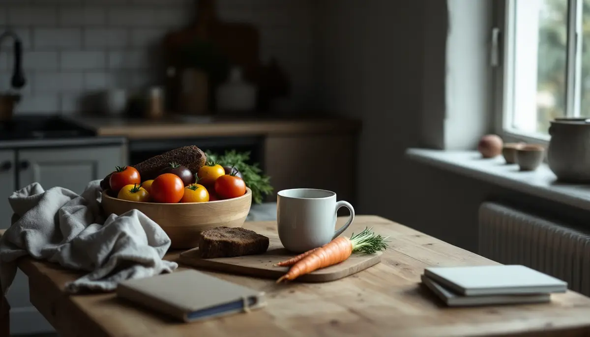 Tomatoes in a wooden bowl, dark bread, earthy carrots and a mug on a farmhouse table by a window in late afternoon light.