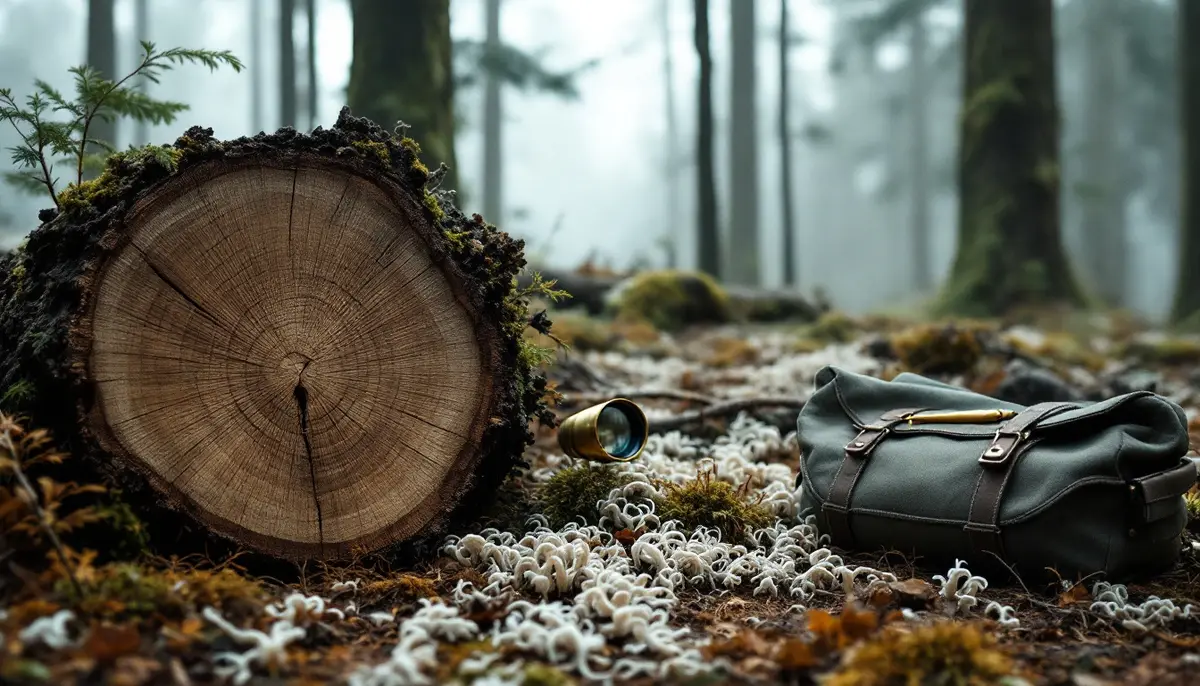 A cut stump with growth rings, white fungal threads in the moss and a hand lens on a misty conifer forest floor.