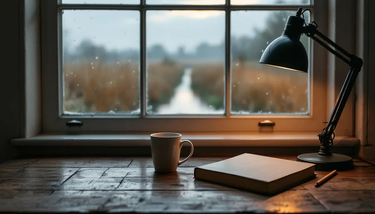A lamp-lit reading table by a rainy window overlooking a flooded meadow at dusk, with a closed plain hardback and a mug.