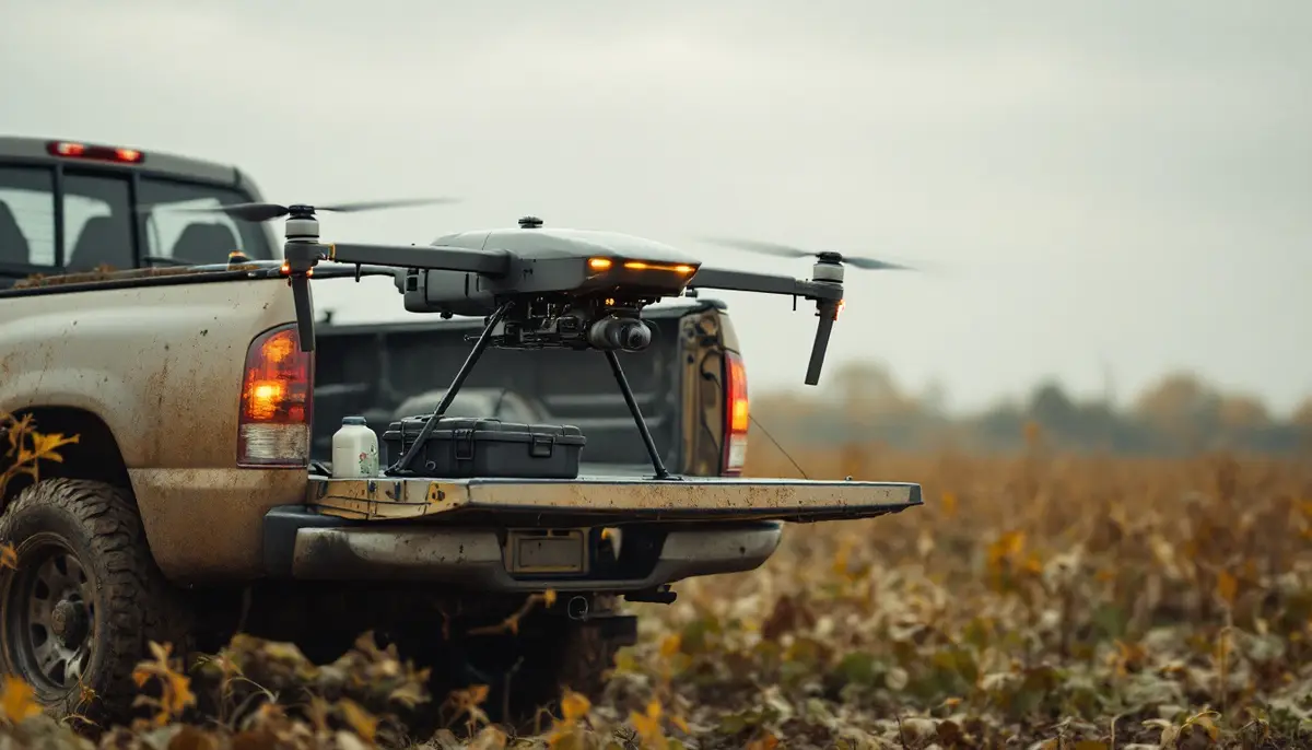 An agricultural spray drone with folded arms on a pickup tailgate beside a harvested field in autumn light.