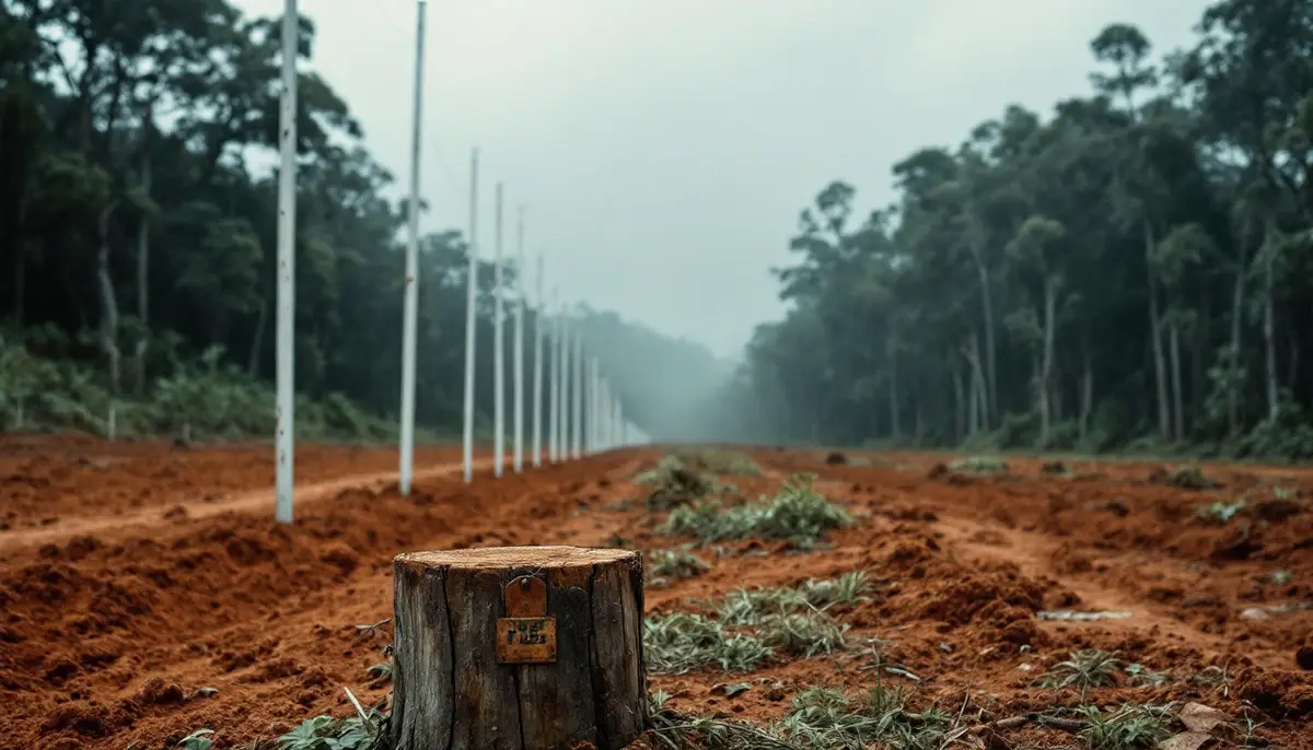 Thin white survey poles running from cleared red soil into the edge of a misty rainforest, with a rusted tag on a stump.