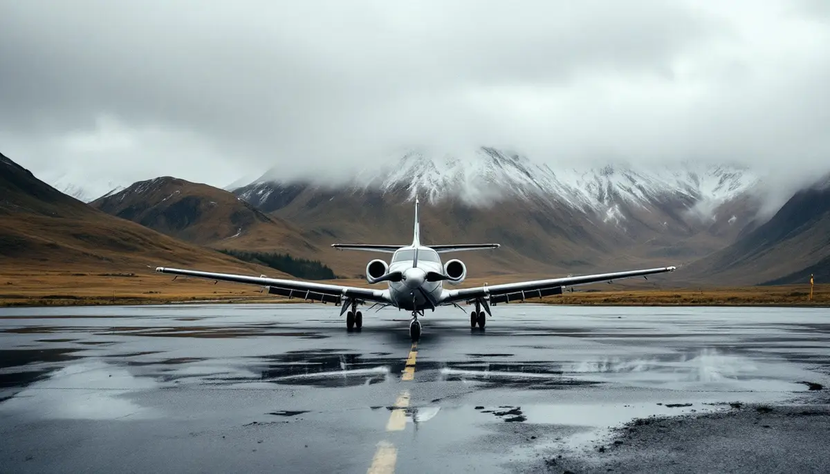 A small aircraft with racks under its wings on a wet mountain airstrip beneath heavy winter cloud.
