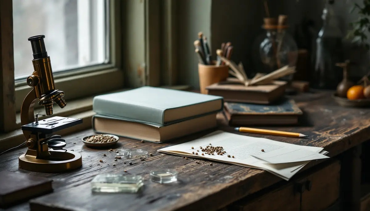 A brass microscope, glass slides and a dish of dried peas on a wooden desk by a window, beside a stack of plain closed books.