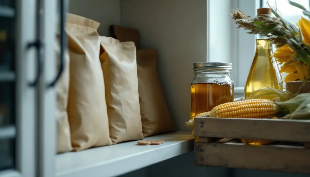 Plain bags of cornmeal and beans, a jar of honey, a bottle of oil and ears of corn on a wooden crate in soft window light.