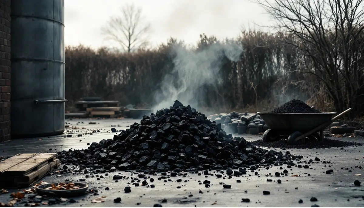 A heap of charcoal-like biochar on a farmyard floor beside a small steel kiln and a wheelbarrow of dark soil.