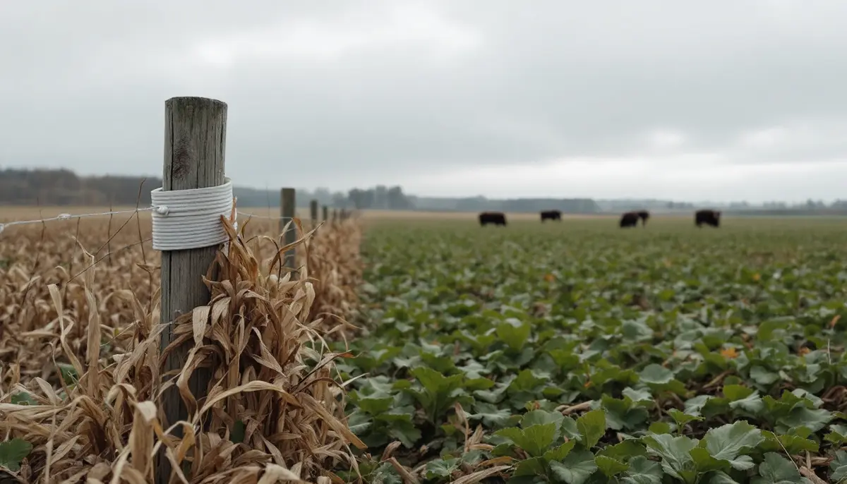 Green cover crops growing through flattened corn stalks in an autumn field, with cattle grazing near a distant fence.