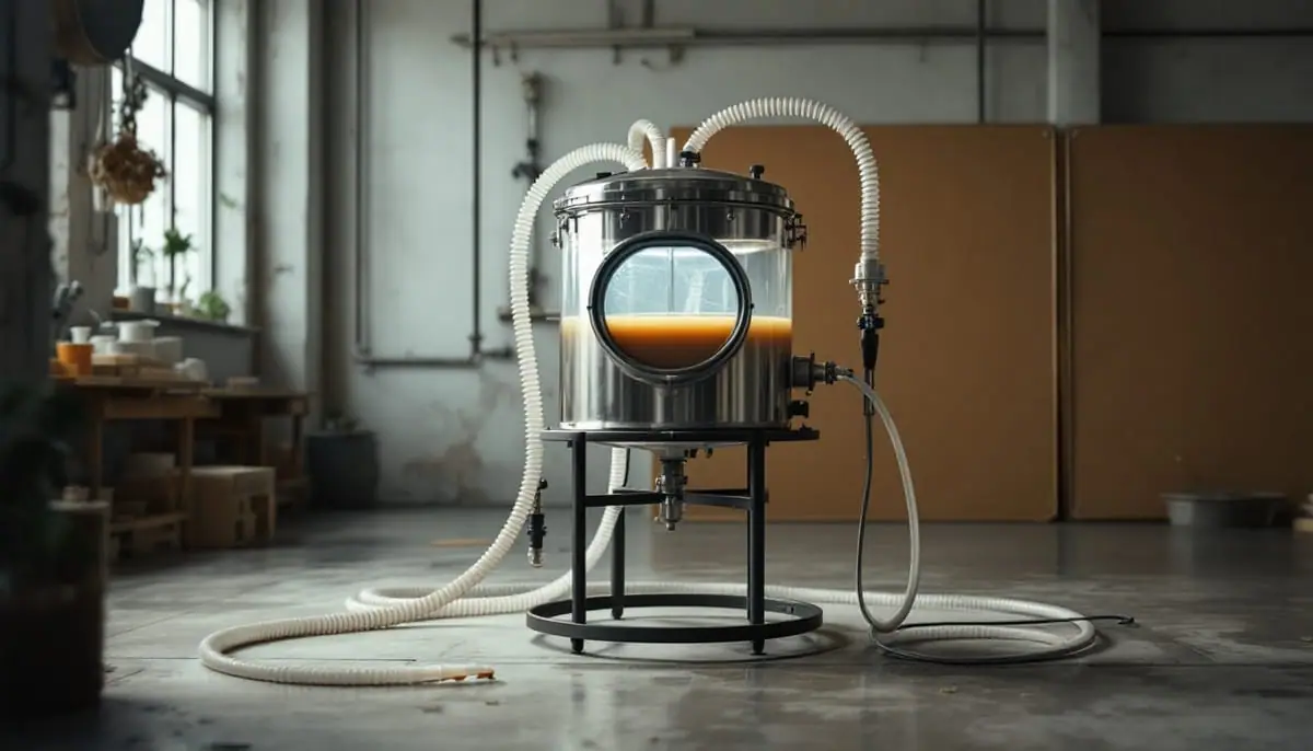 A small stainless steel bioreactor with a glass window showing amber liquid, tubing coiled beside it in a quiet workshop.